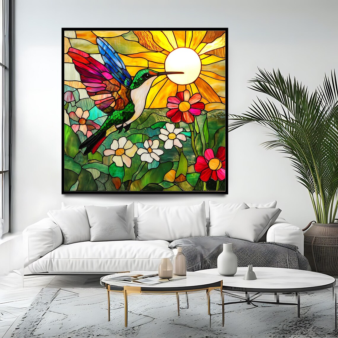 Stained Glass Hummingbird Sun Flowers Colorful Nature Wall Art Poster - Image 4