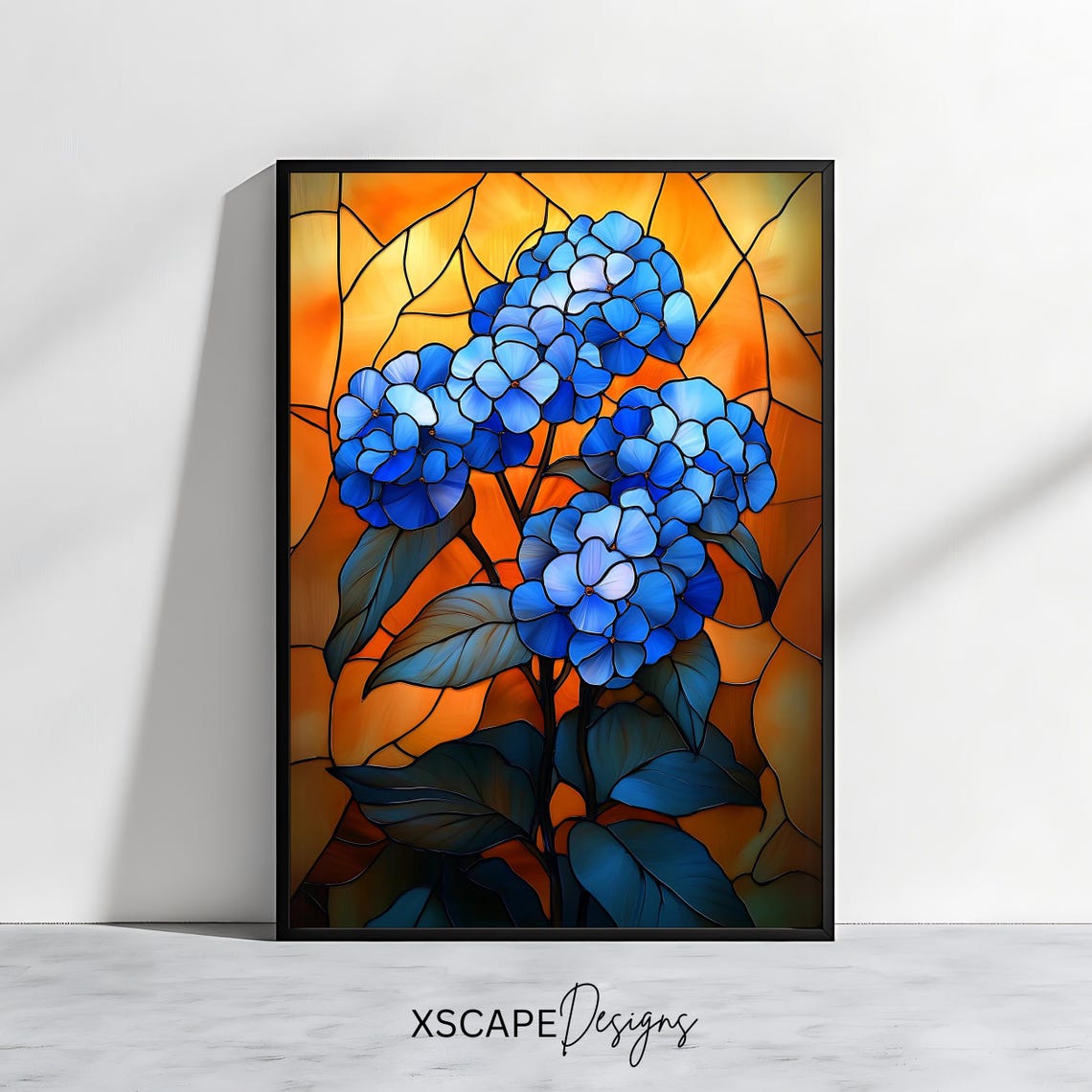 Blue Hydrangea Blossom Stained Glass Art Window Floral Wall Poster