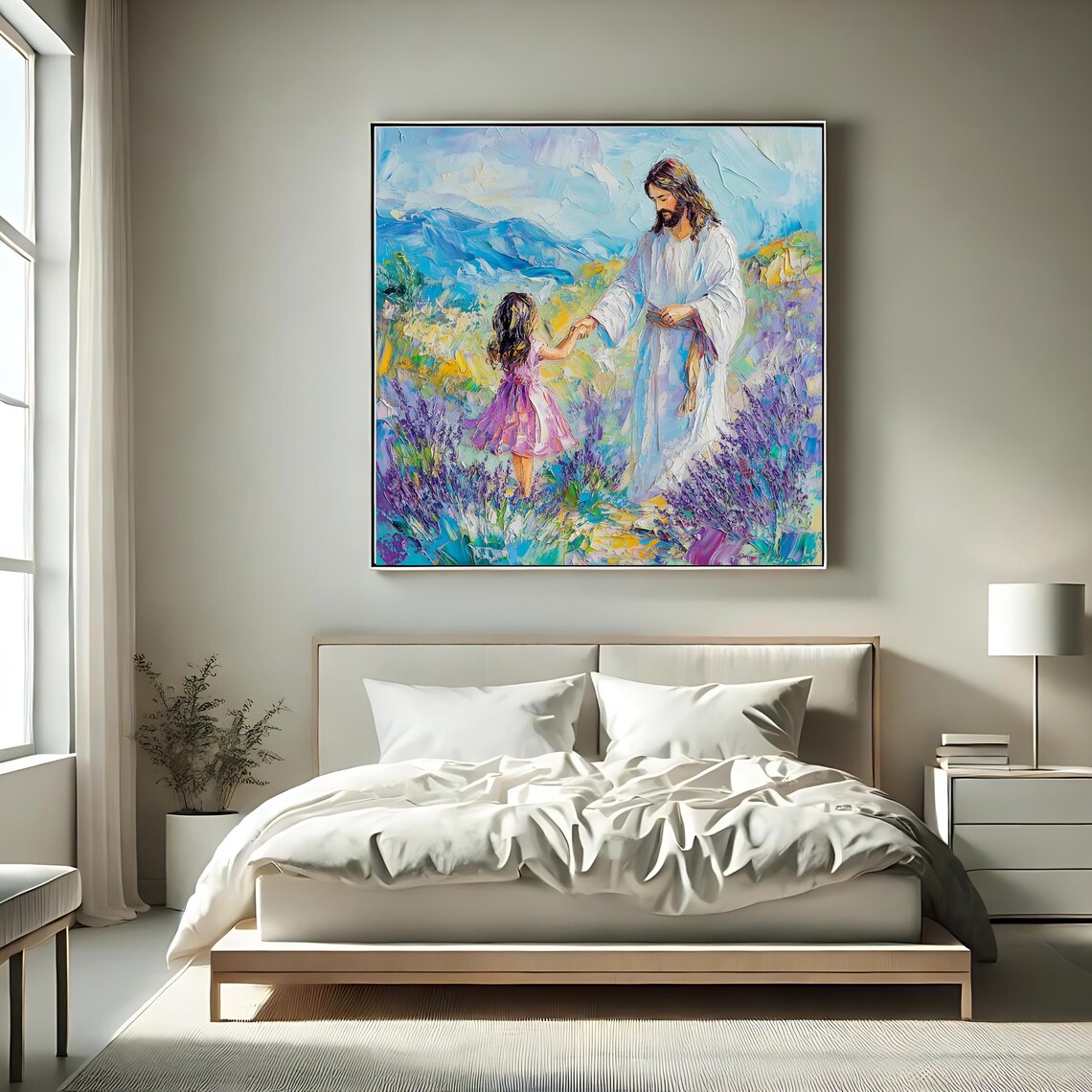 Jesus Christ Holding Child Hand Walking Lavender Field Faith Art Poster - Image 2