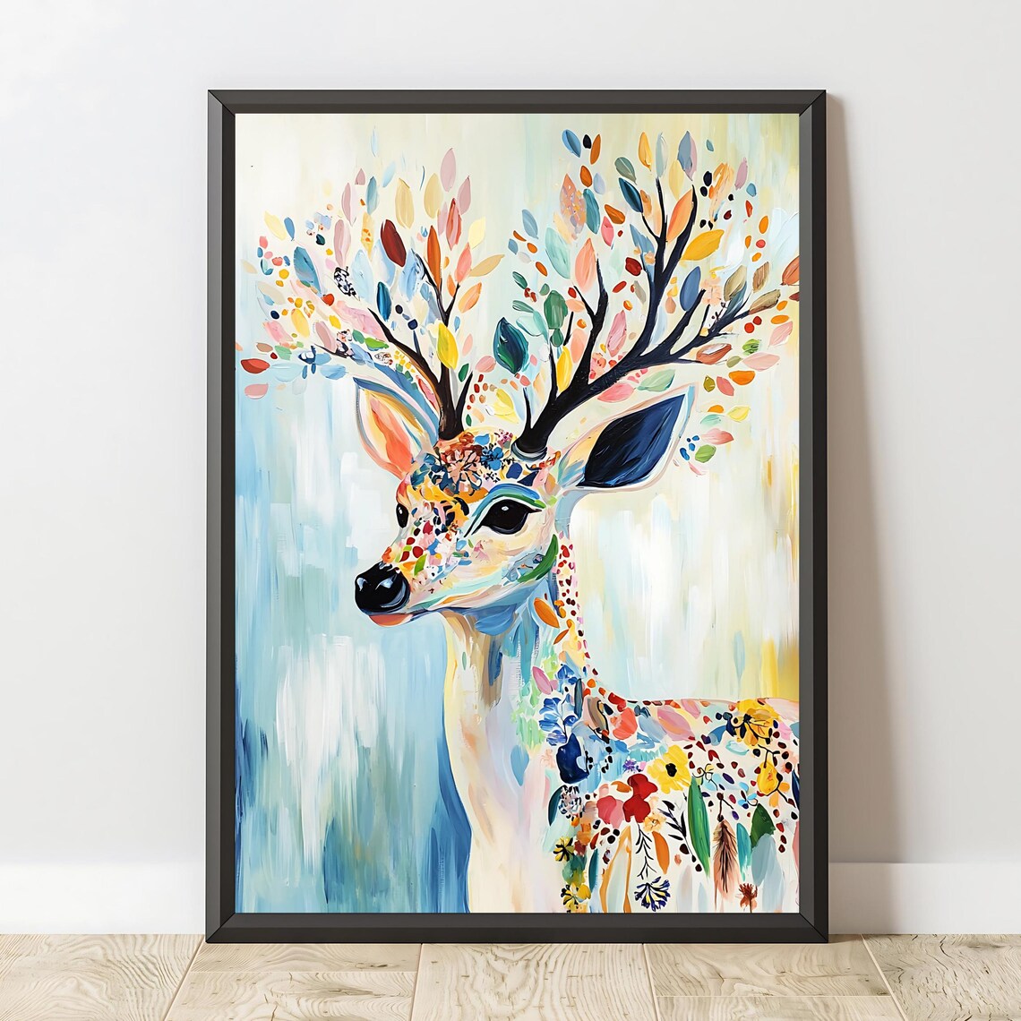 Floral Deer Leafy Antlers Colorful Pastel Woodland Animal Wall Art Poster - Image 2