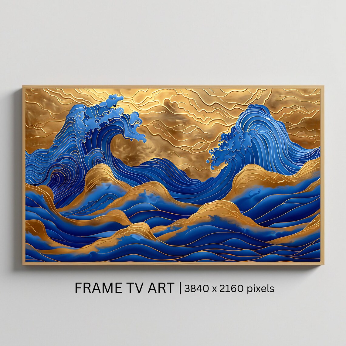 Golden Ocean Waves Abstract Blue and Gold Luxury Wall Art Poster