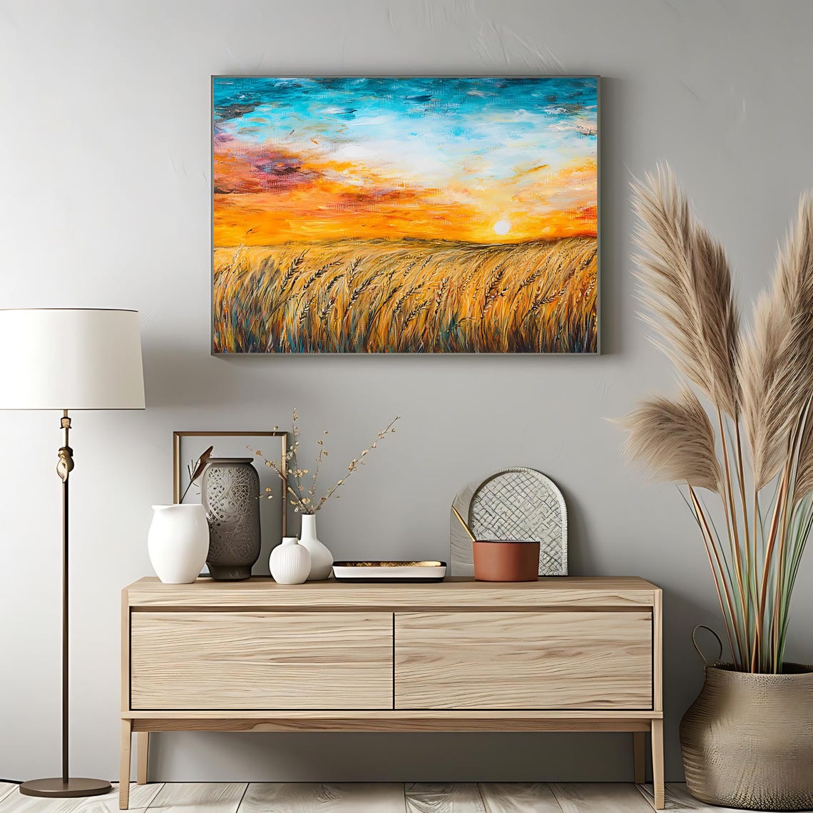 Sunset Wheat Field Golden Hour Teal Orange Sky Farm Landscape Poster - Image 3