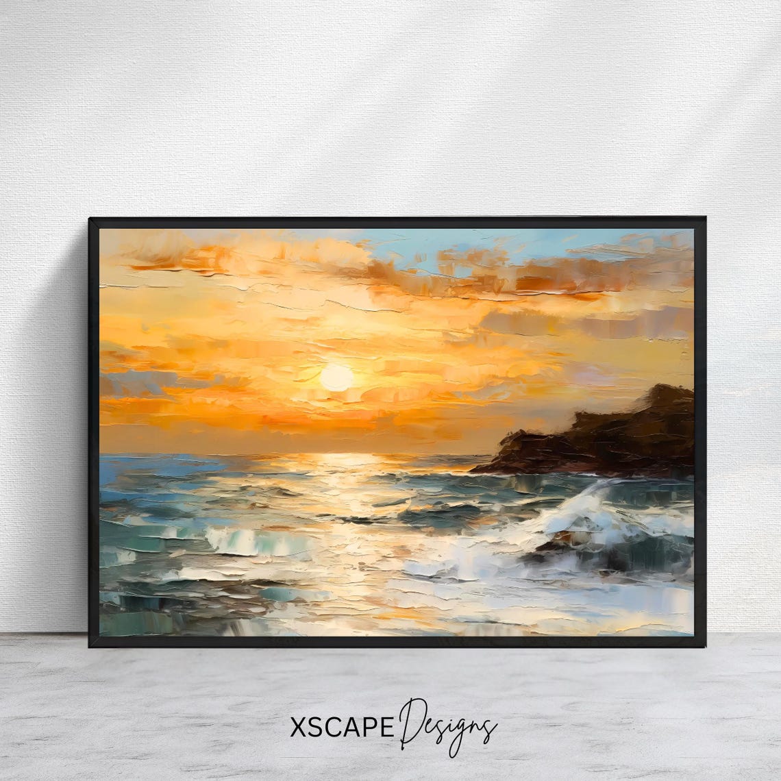 Ocean Sunset Waves Rocky Shore Bright Golden Light Seascape Poster