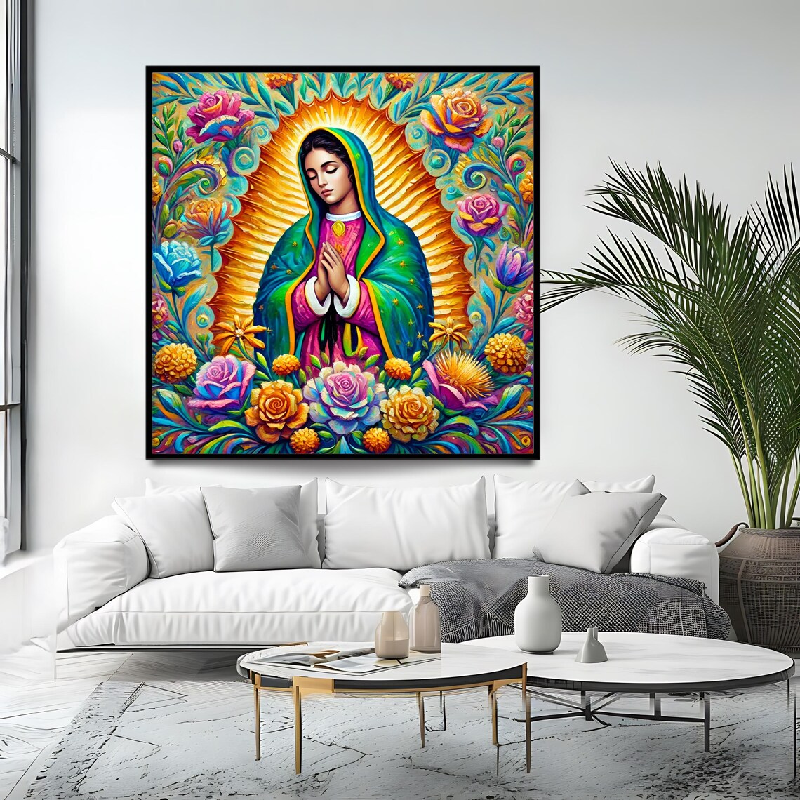 Our Lady Of Guadalupe Colorful Praying Madonna Floral Halo Print - Image 4