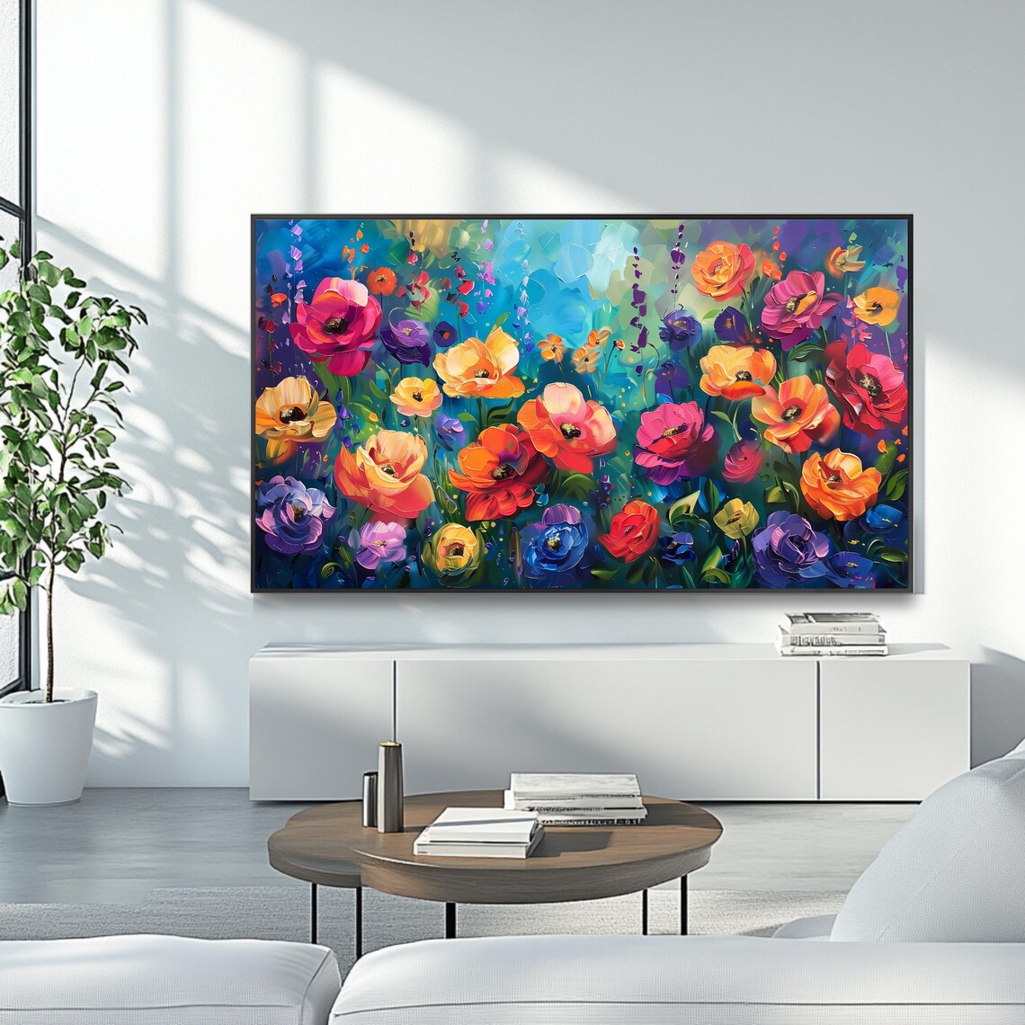 Colorful Poppies Flower Field Teal Background Vibrant Bloom Art Poster - Image 4