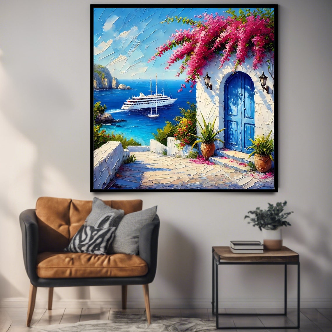 Santorini Greece Cruise Ship Blue Door Bougainvillea Ocean View Print - Image 3