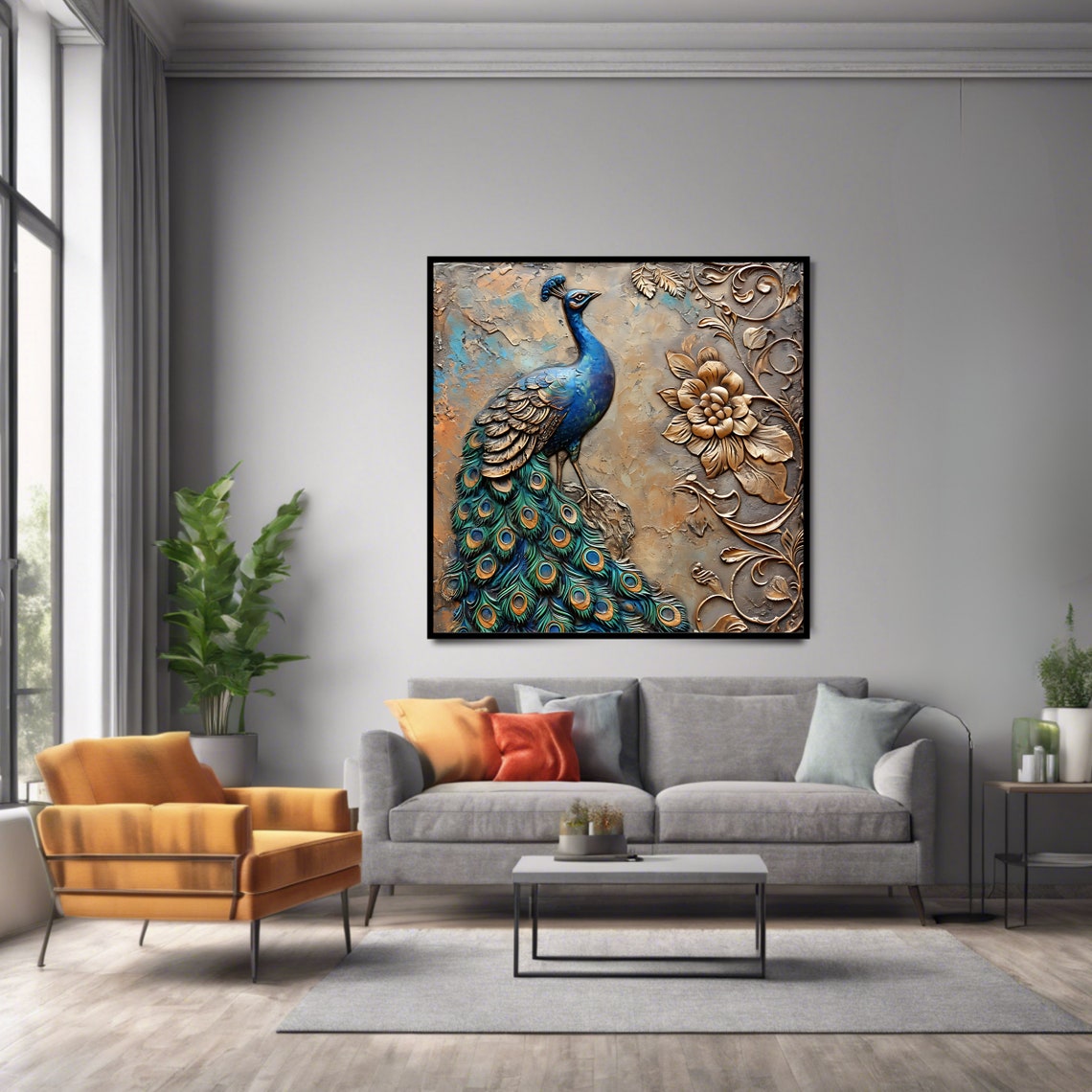 Regal Peacock 3D Relief Embossed Gold Ornate Floral Square Art Print - Image 2
