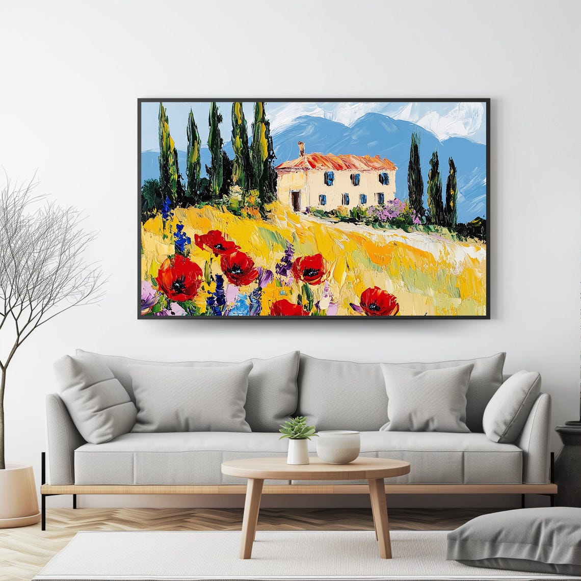 Tuscan Farmhouse Red Poppies Cypress Trees Countryside View Poster - Image 4