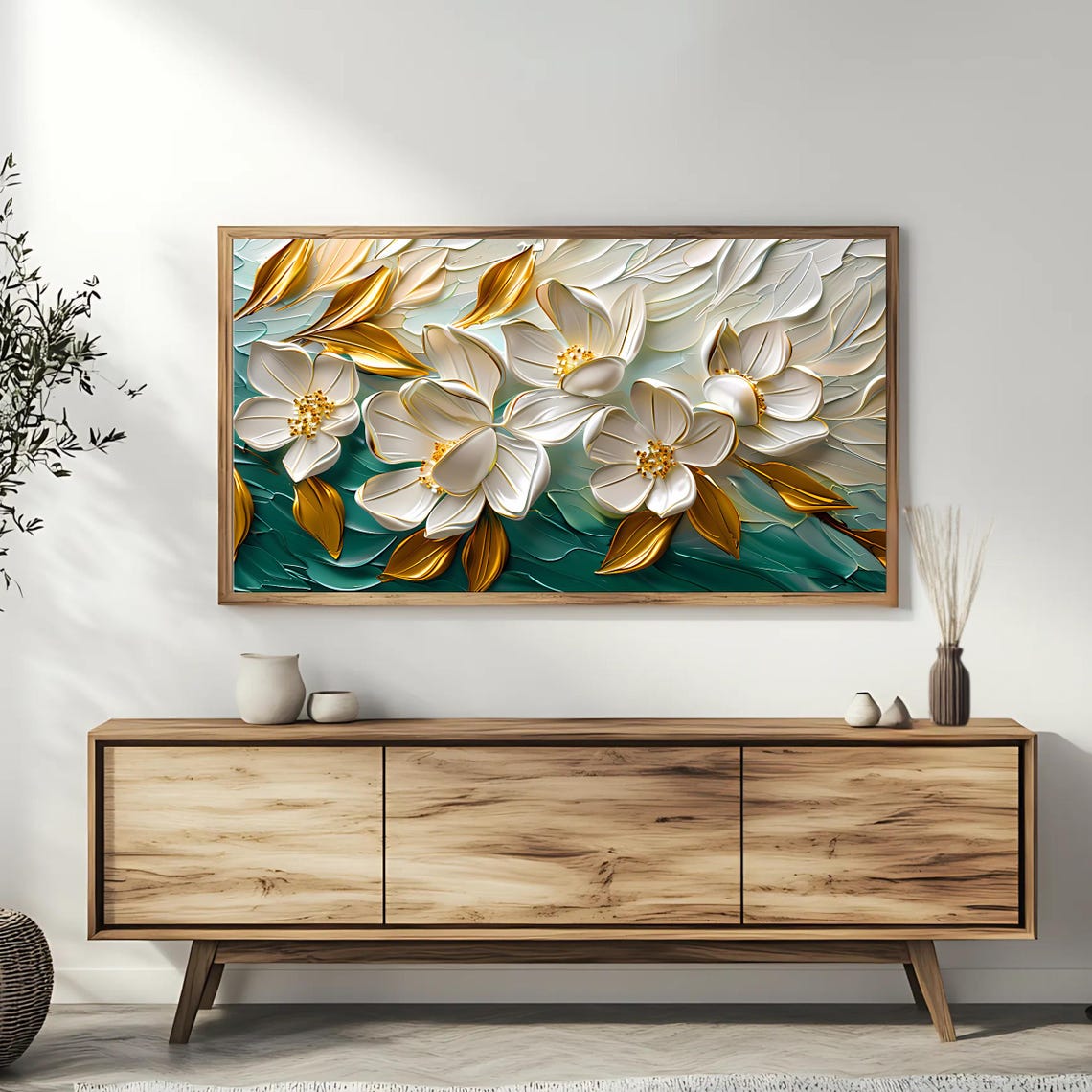 White Floral Blossoms with Gold Leaves on Teal Textured Art Poster - Image 3