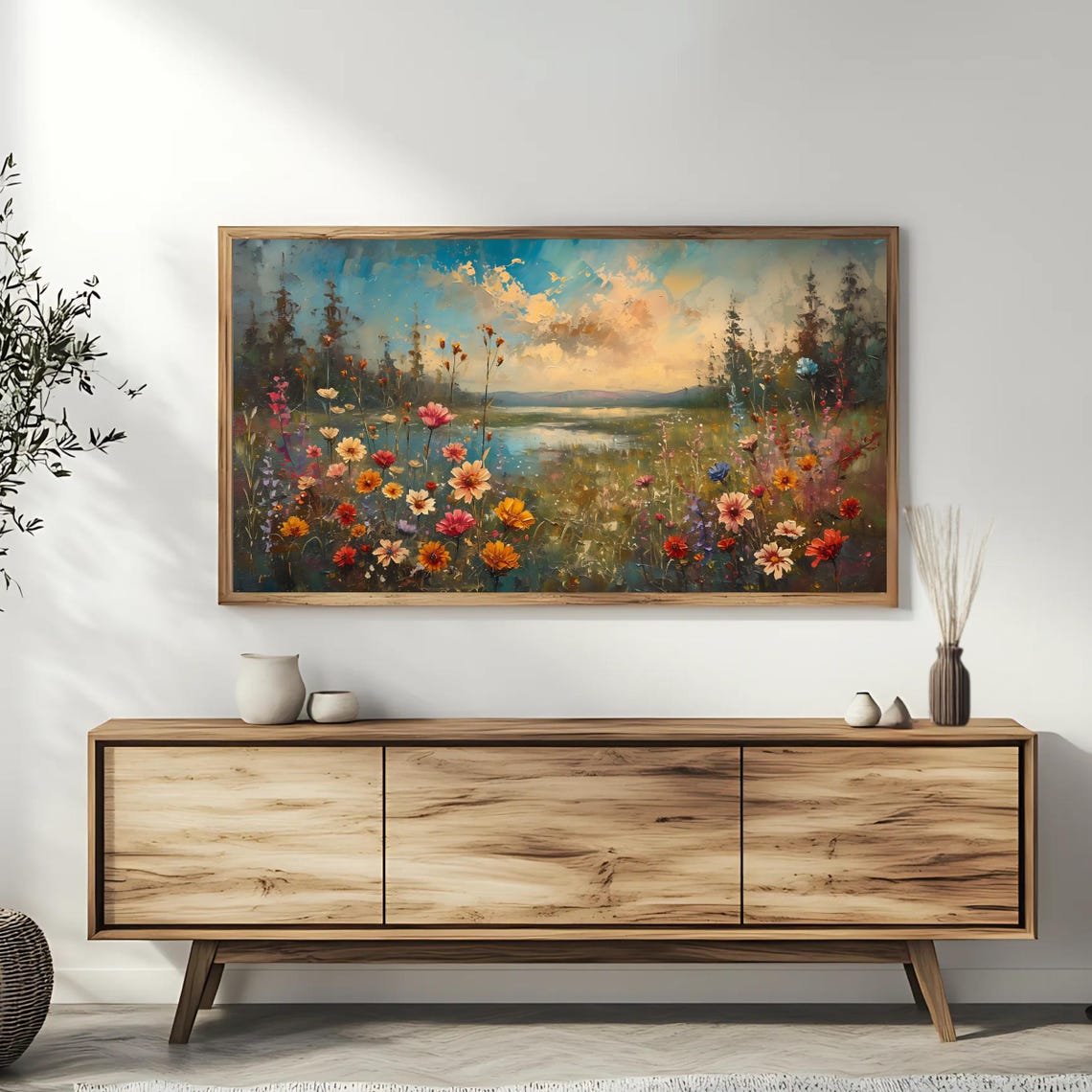 Lakeside Wildflower Meadow Sunset Nature Landscape Travel Poster - Image 3