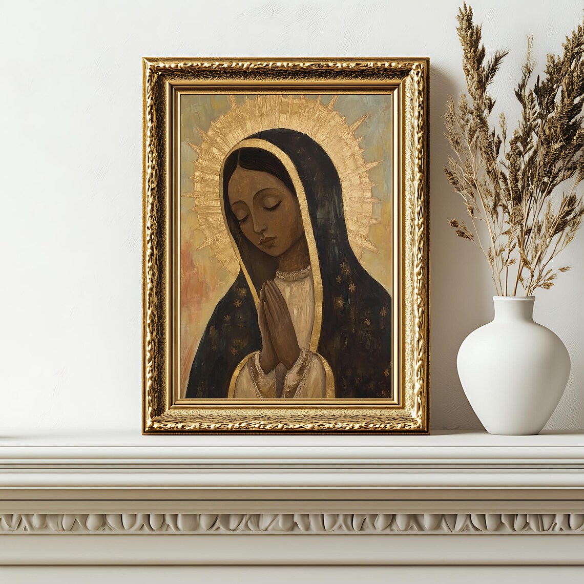 Our Lady of Guadalupe Dark Mantle Gold Halo Praying Catholic Wall Art - Image 2