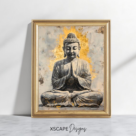 Buddha Statue with Golden Halo Hands in Prayer Painting Poster