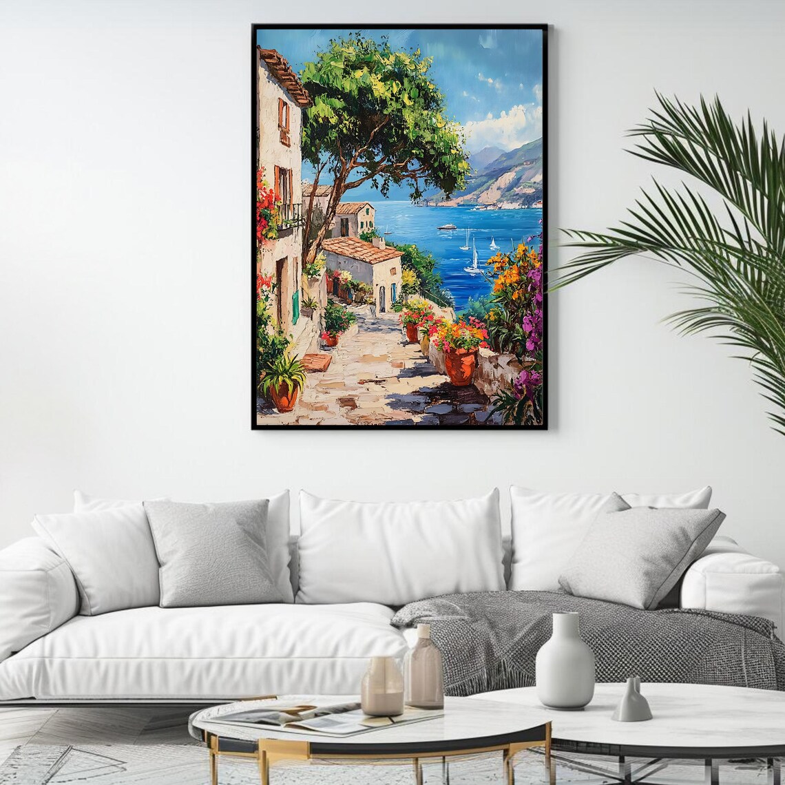 Mediterranean Coastal Village Stone Path Sea Sailboats Oil Art Poster - Image 4