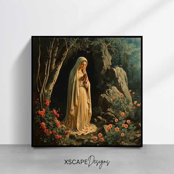 Our Lady Of Lourdes White Veil Grotto Roses Classic Catholic Wall Art Poster