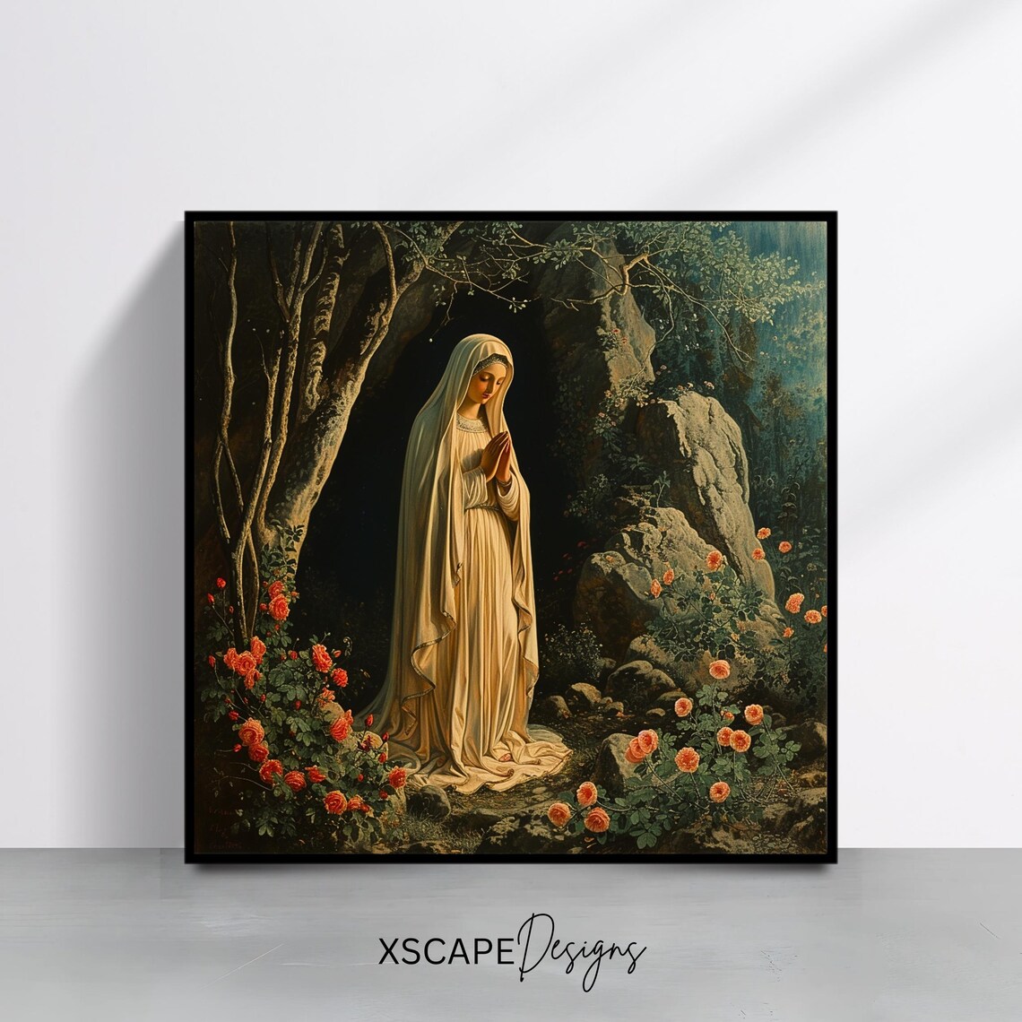 Our Lady Of Lourdes White Veil Grotto Roses Classic Catholic Wall Art Poster