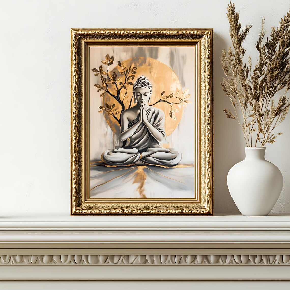 Meditating Buddha Before a Golden Moon Zen Spiritual Art Poster - Image 3