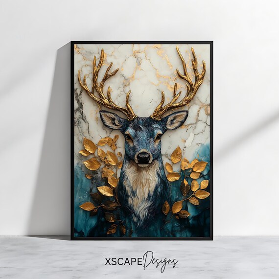 Majestic Deer Golden Antlers Teal Marble Background Blue Gold Wall Poster