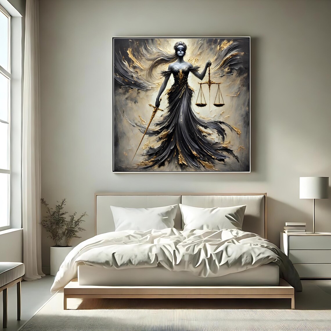 Lady Justice Scales Blindfolded Black Gold Symbolic Law Office Art Print - Image 2
