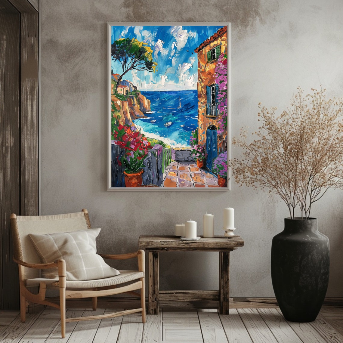 Coastal Terrace Stone Path Sailboats Blue Sea Flowers Italy Art Poster - Image 3