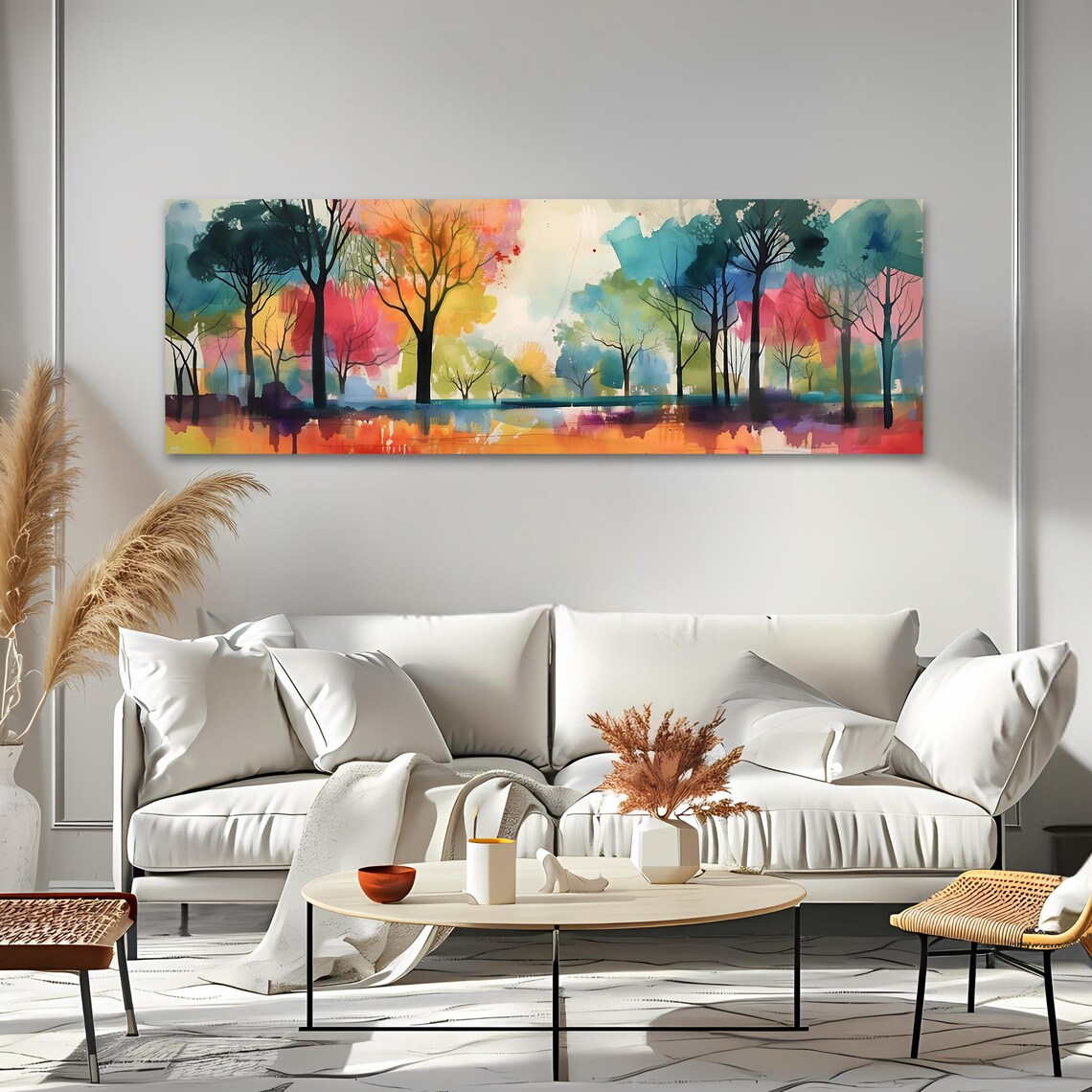 Colorful Trees Wall Art Long Horizontal Narrow Print Elegant Landscape Artwork For Above Couch Or Bed - Image 4