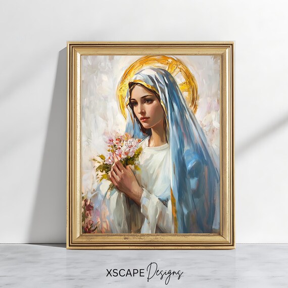Blessed Virgin Mary With Flowers Blue Veil Golden Halo Devotional Print