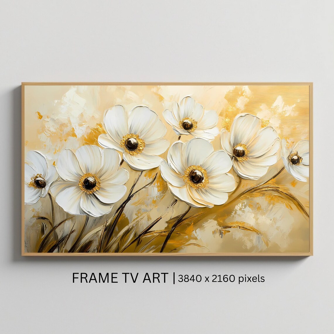 White Anemone Flowers Golden Impasto Botanical Floral Painting Poster