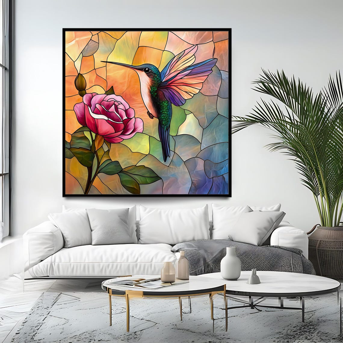 Hummingbird And Rose Stained Glass Style Colorful Floral Bird Poster - Image 4