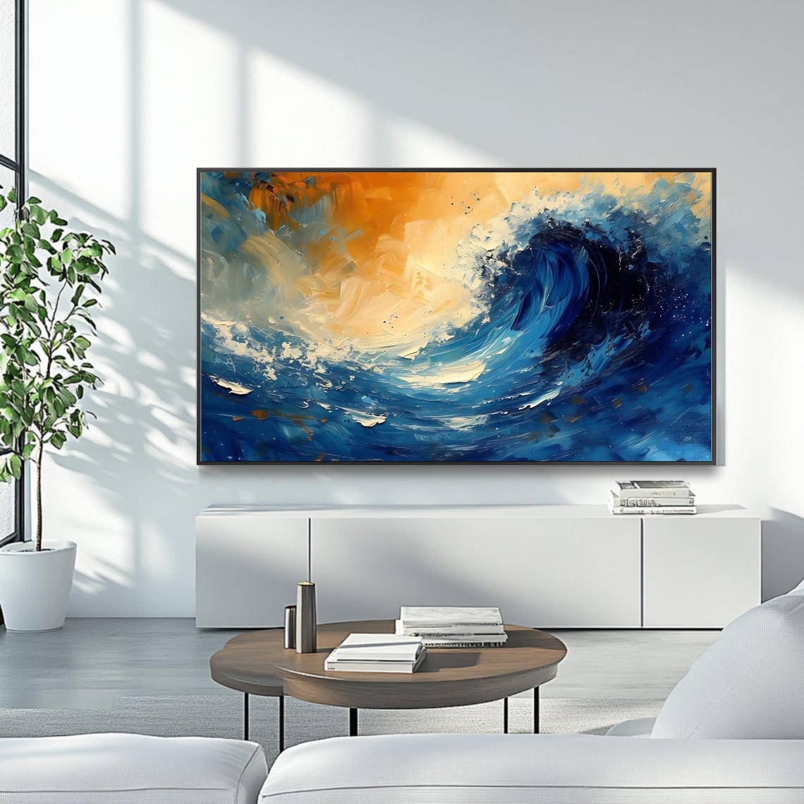 Ocean Wave Abstract Deep Blue Surf Golden Sky Coastal Poster - Image 4