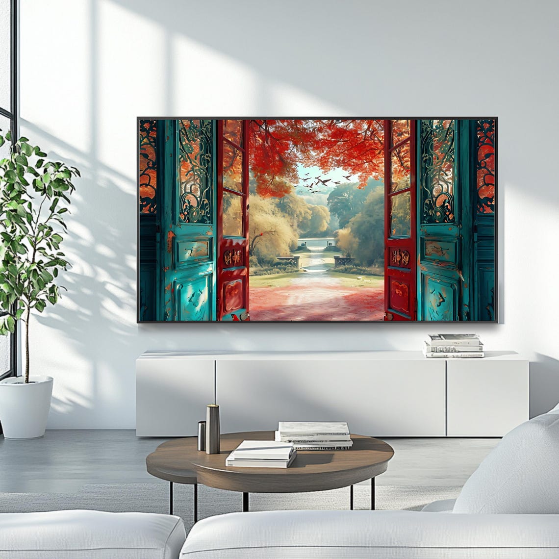 Autumn Open Doors Red Maple Trees Garden Path Colorful Fall Art Poster - Image 4