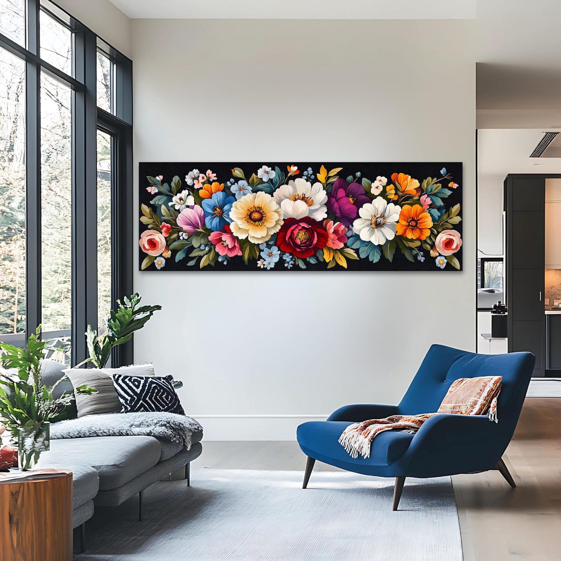 Dark Floral Still Life Peonies Black Background Panoramic Art Poster - Image 3
