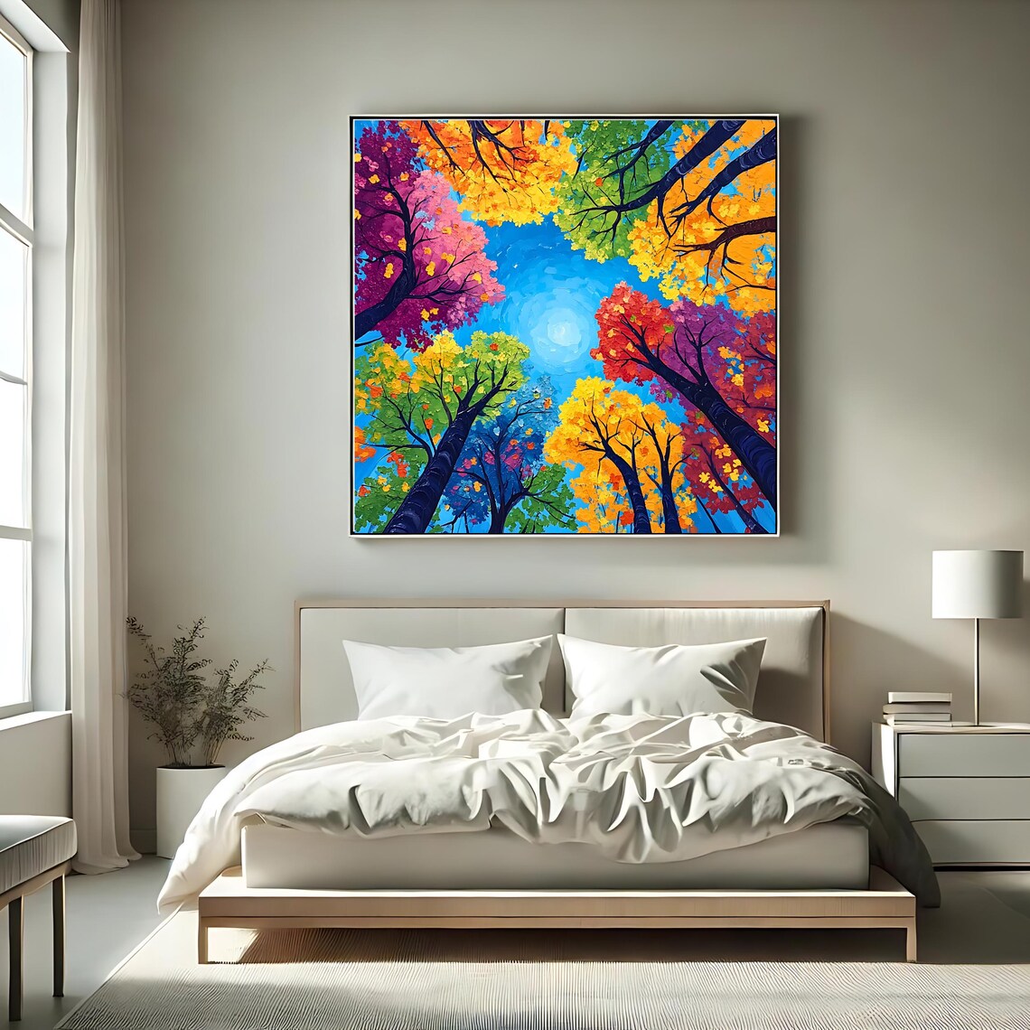 Colorful Forest Canopy Wall Art Print Vibrant Abstract Nature Artwork Square Scenic Tree Decor Bright Landscape Painting - Image 2