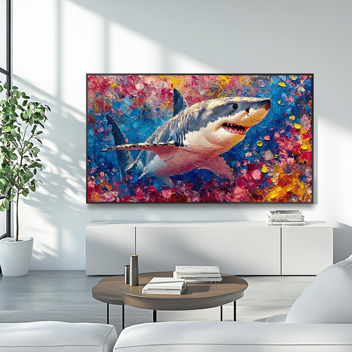 Colorful Great White Shark Impasto Ocean Painting Vibrant Wildlife Poster - Image 4