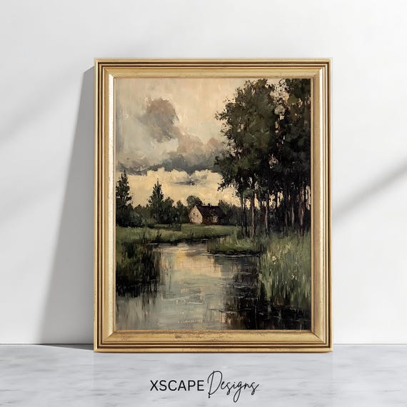 Vintage Moody Landscape Art Print Rustic Countryside Wall Decor Farmhouse Pond Scene Artwork
