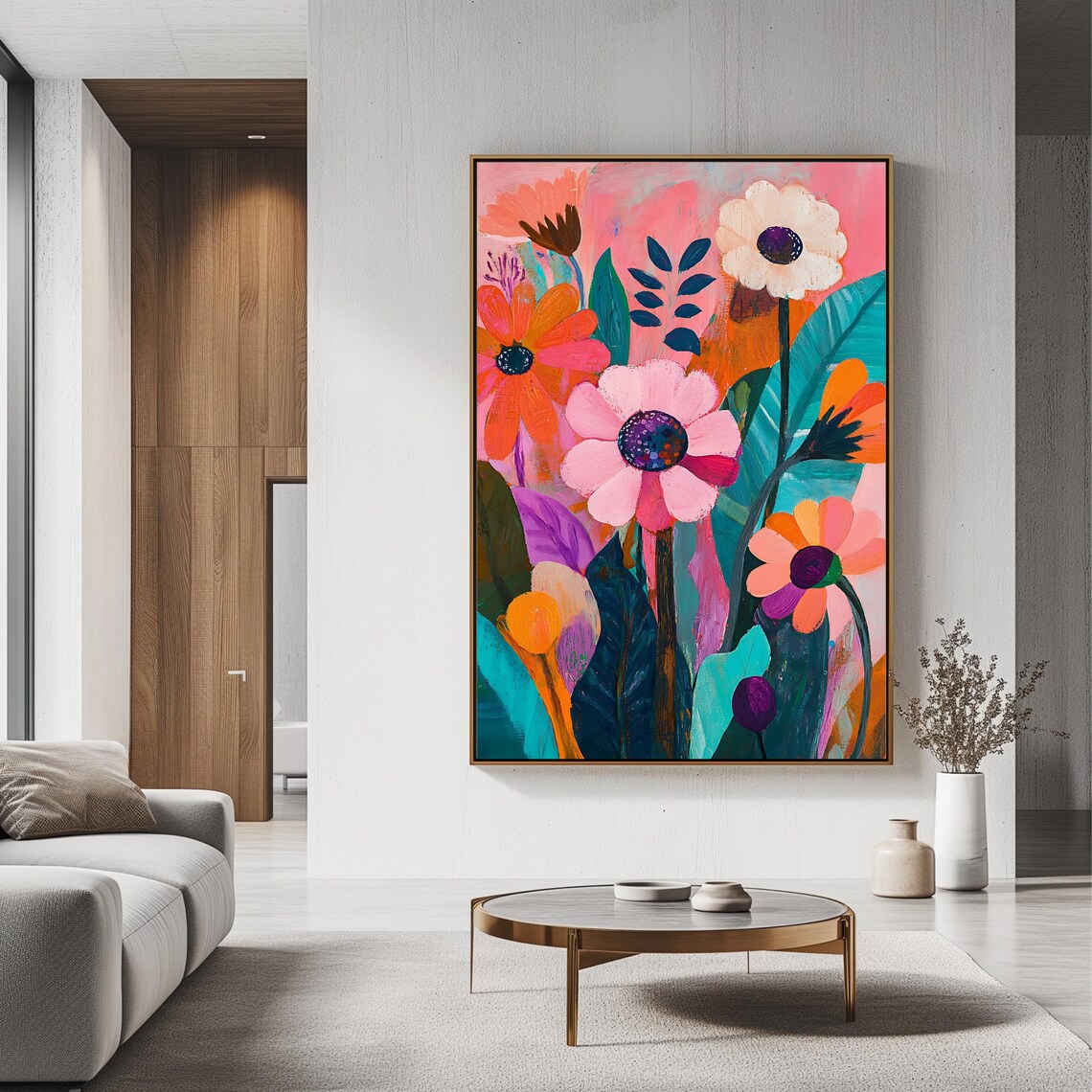 Modern Pink Coral Blossom Floral Art With Teal Leaves Wall Poster - Image 3