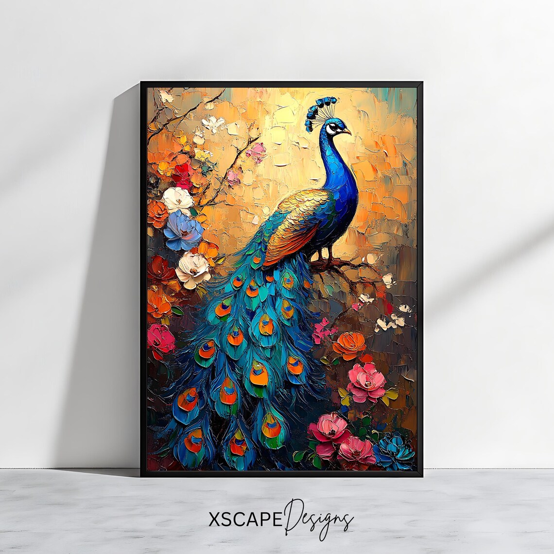 Vibrant Peacock Impasto Oil Painting Colorful Floral Bird Poster