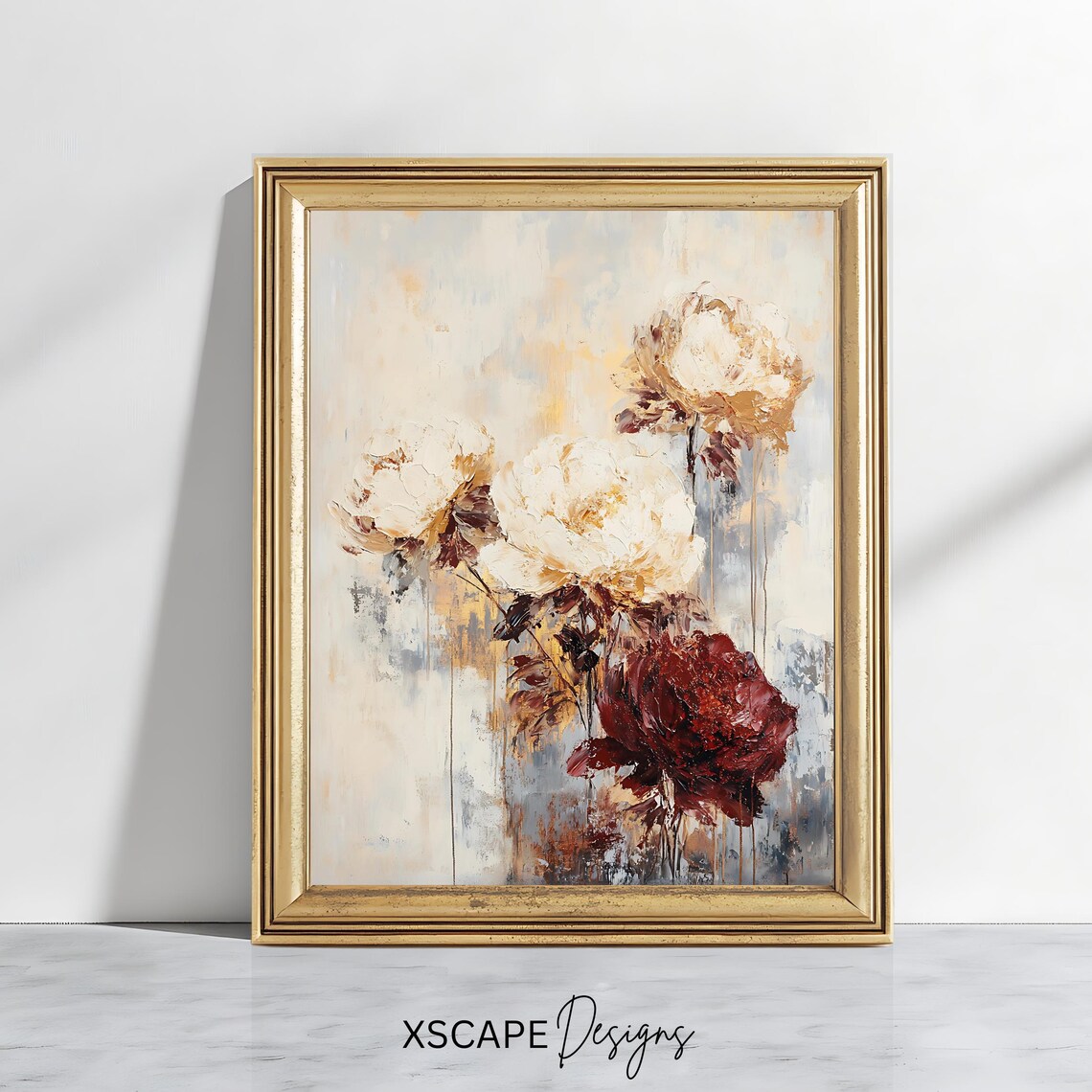 Vintage Peony Blossoms Cream Burgundy Abstract Floral Painting Poster