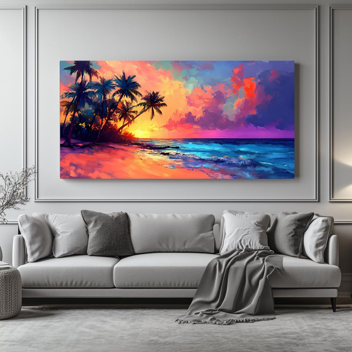 Tropical Beach Sunset Palm Trees Neon Pink Ocean Waves Travel Poster - Image 4