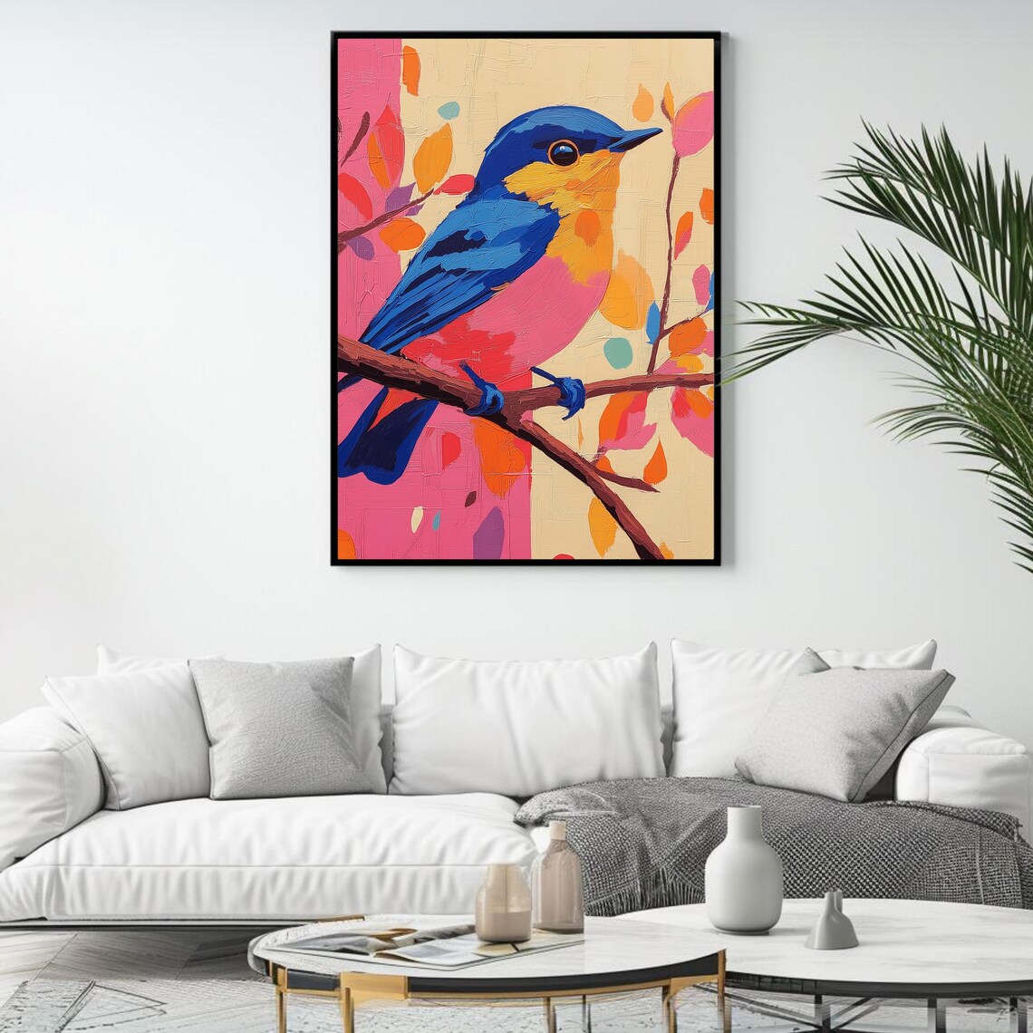 Colorful Blue And Yellow Songbird On Branch Modern Bird Painting Print - Image 4