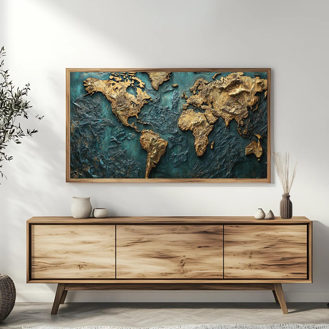 Gold And Teal Textured World Map Relief Art Continents Wall Poster - Image 3