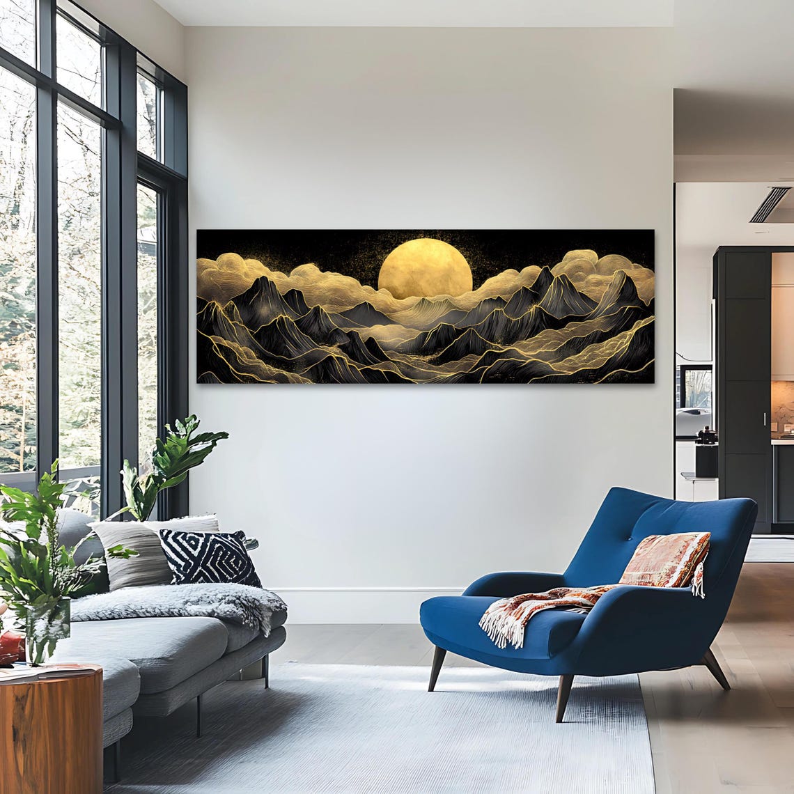 Golden Moon Mountain Wall Art Long Horizontal Narrow Print Modern Abstract Landscape Artwork For Above Couch Or Bed - Image 3