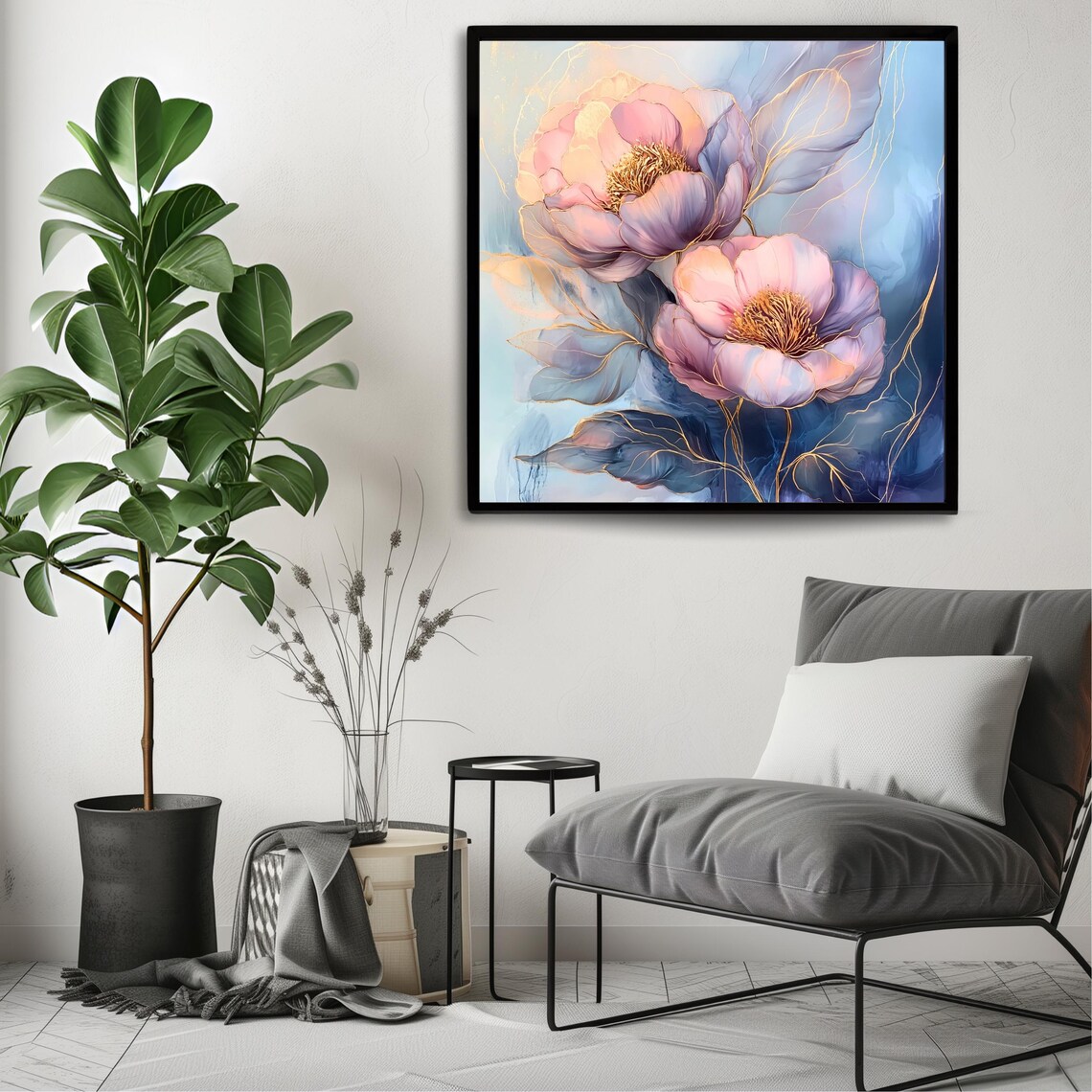 Elegant Pastel Peony Blossoms Gold Accent Dreamy Floral Wall Art Print - Image 3