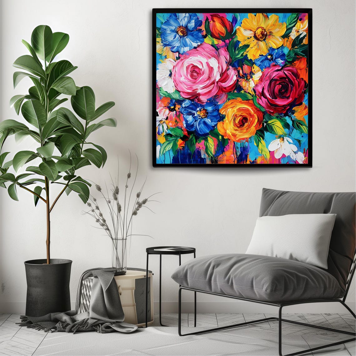 Colorful Abstract Floral Bouquet Bold Impasto Blooms Square Wall Art - Image 3