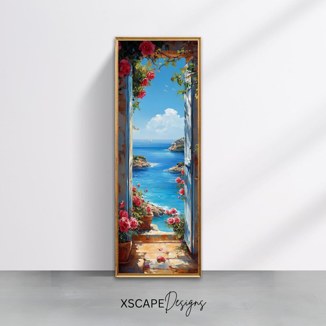 Mediterranean Window Ocean View Red Roses Vertical Coastal Poster