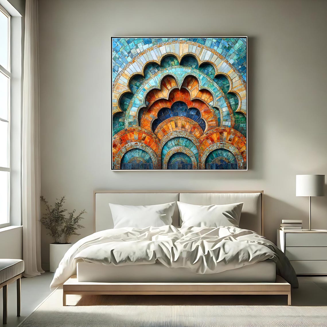 Islamic Geometric Mosaic Scallop Arch Pattern Turquoise Gold Art Print - Image 2