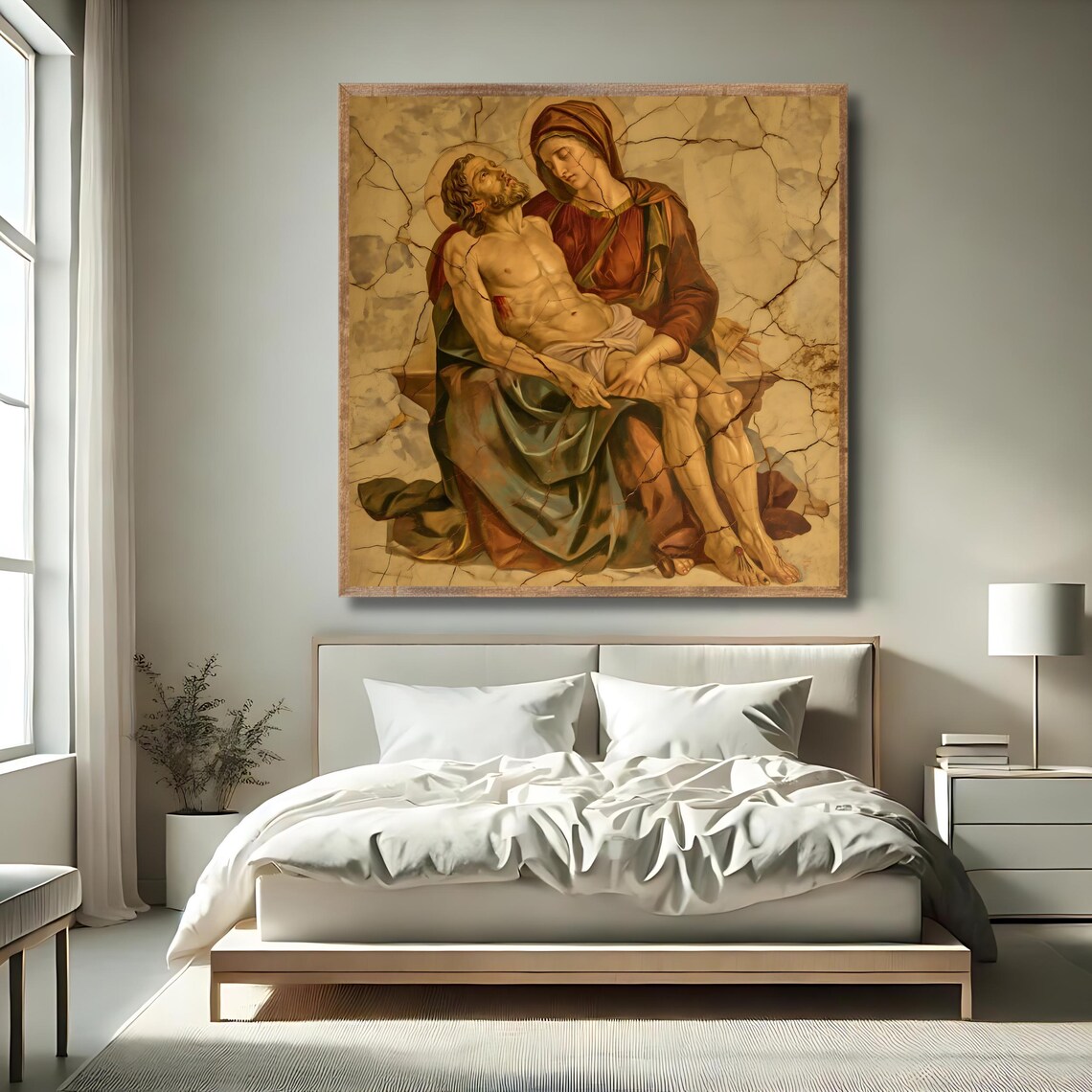 Pieta Mary Holding Jesus Antique Cracked Fresco Religious Catholic Art Print - Image 2