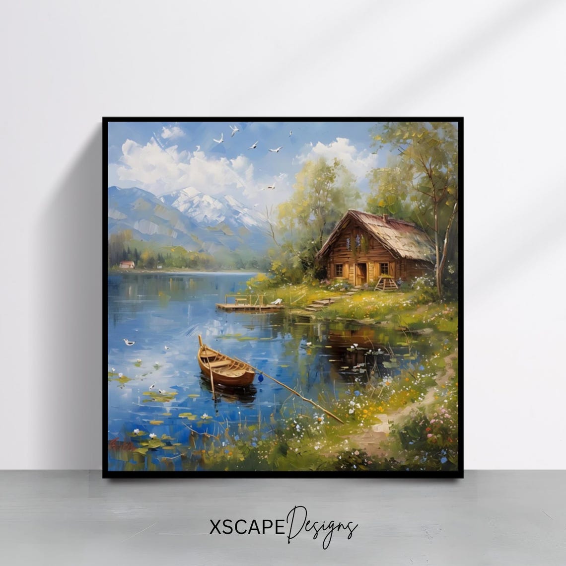 Lakeside Cabin Rowboat Snowy Mountain Lake Rustic Scenic Print