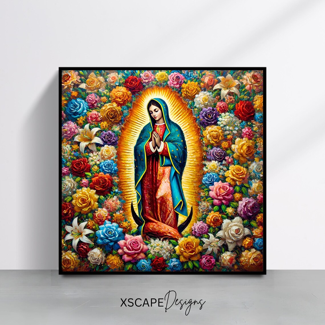 Our Lady Of Guadalupe Golden Halo Among Colorful Roses Art Print Poster