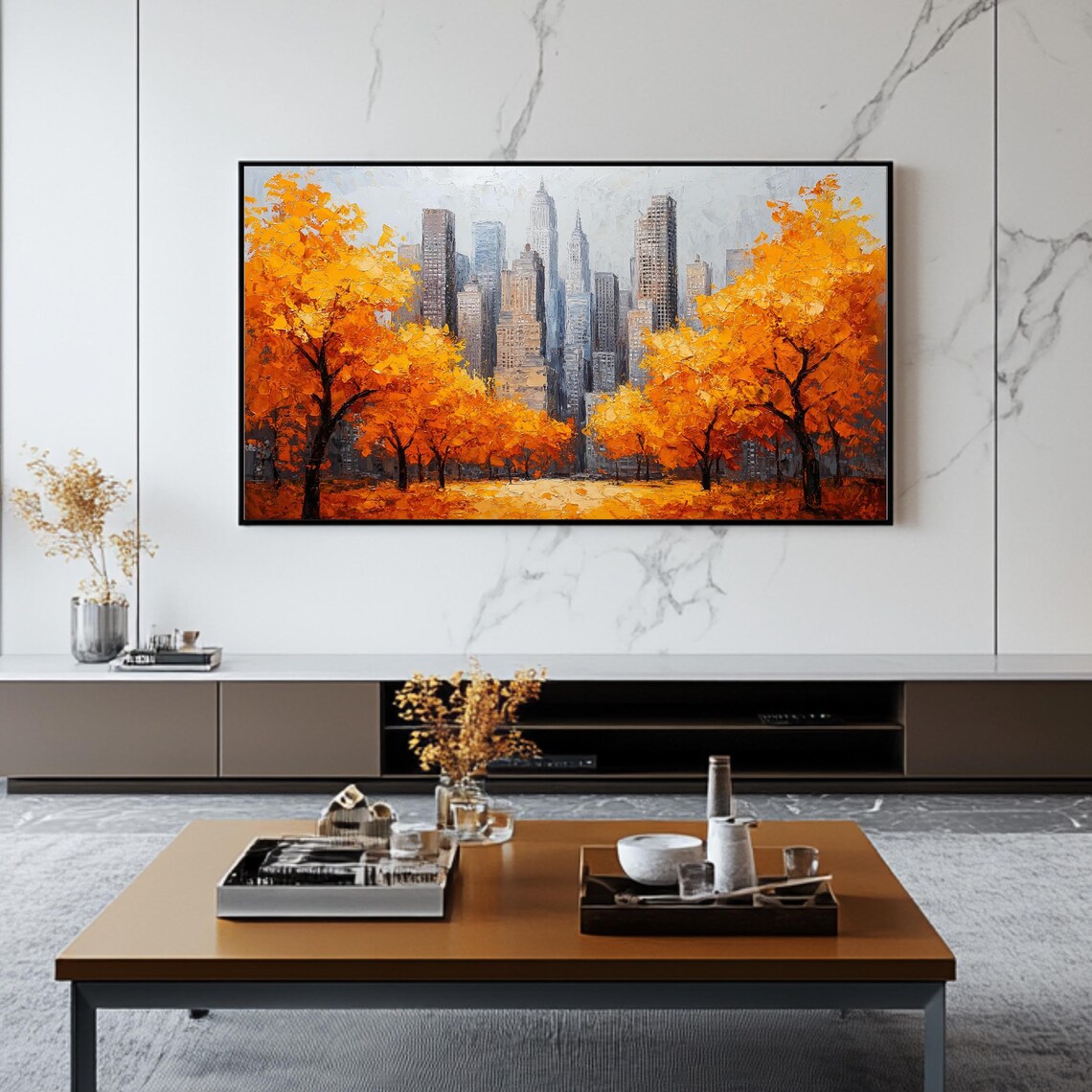 New York City Autumn Golden Trees Manhattan Skyline TV Art Wall Poster - Image 2