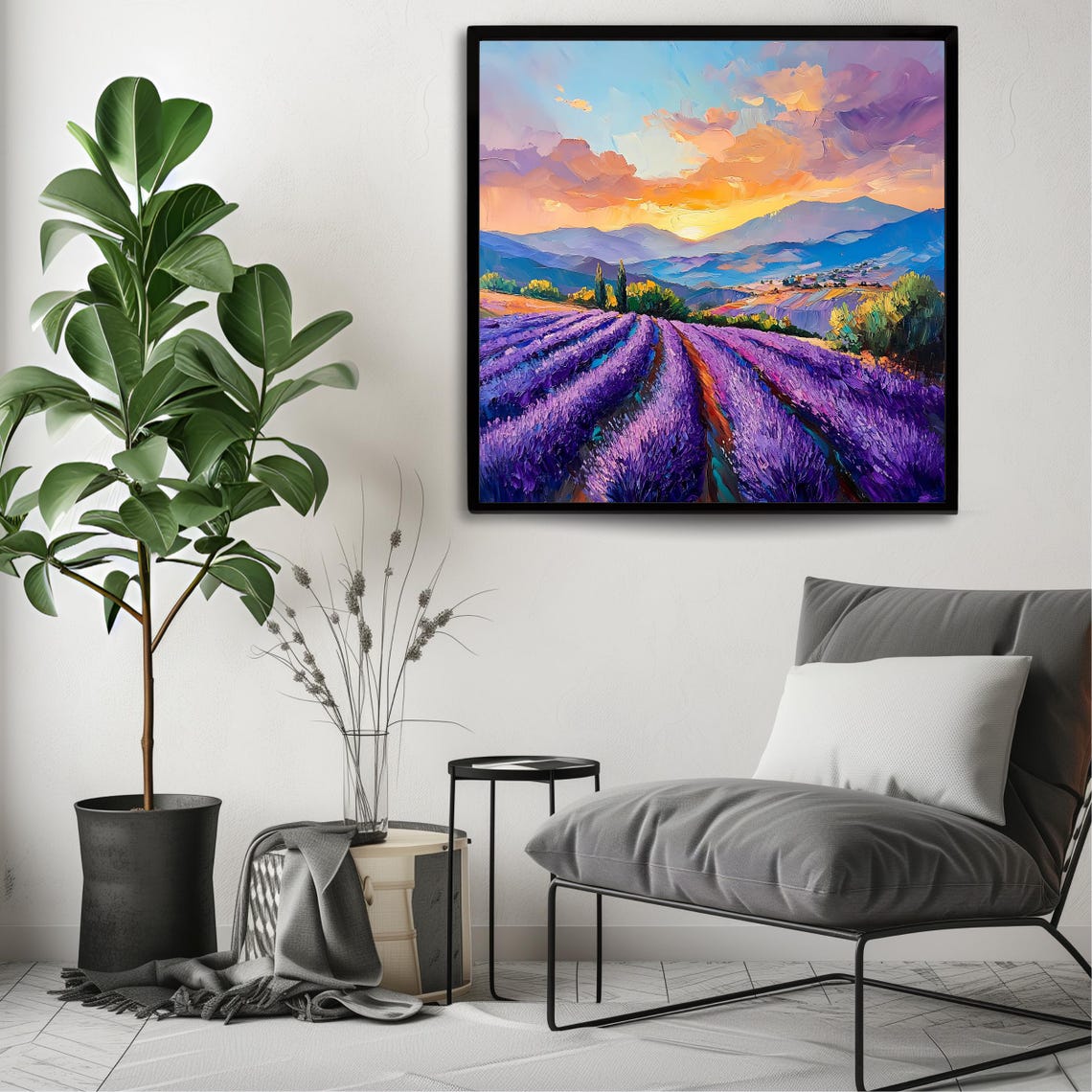 Lavender Field Rows Sunset Glow Over Distant Mountains View Poster - Image 3