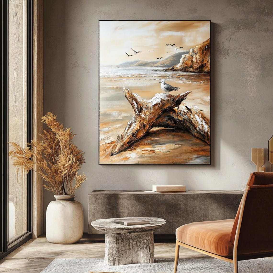 Vintage Beach Scene Seagull On Driftwood Cliffs Golden Shore Print - Image 3